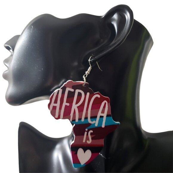 Womens Africa is Love Painted African American Wooden Round Retro Hook Earrings - Picture 1 of 3